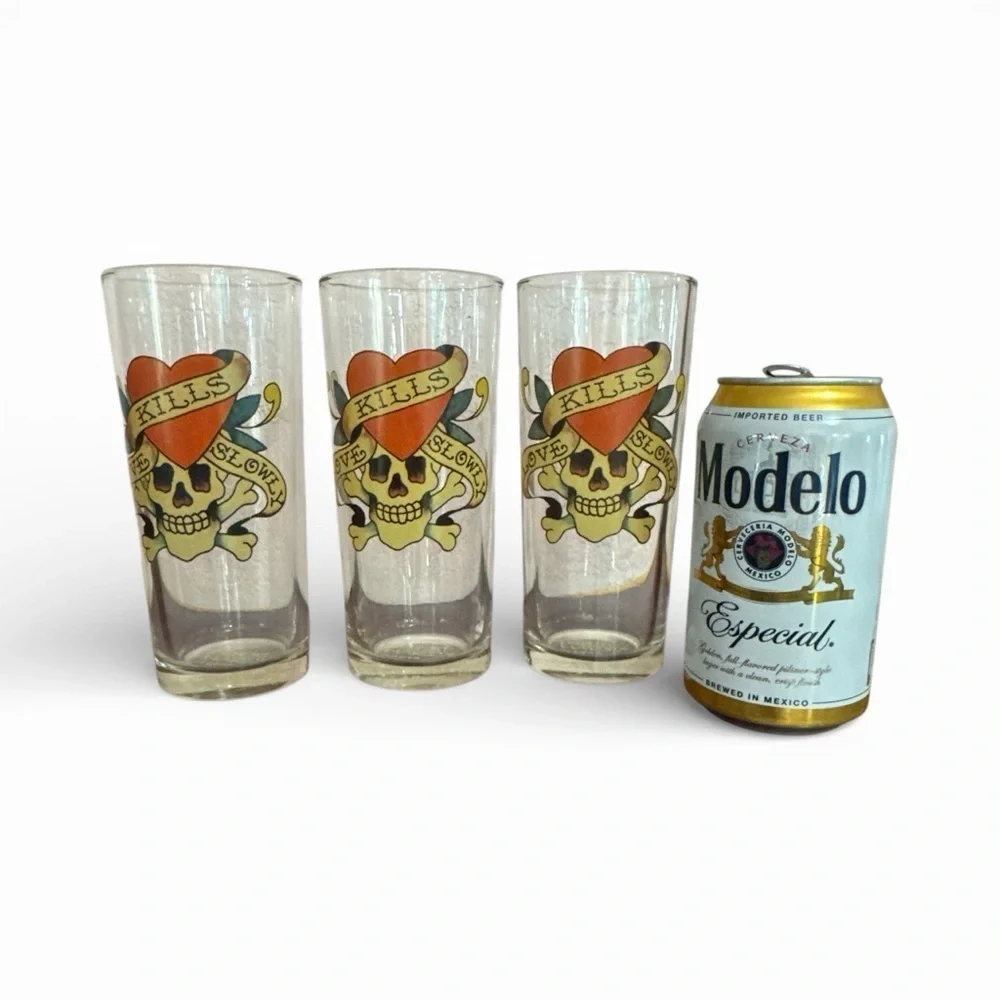 Ed Hardy Y2K Tattoo Skull Design Glasses 3 PC Set Drinkware Glassware Kitchen